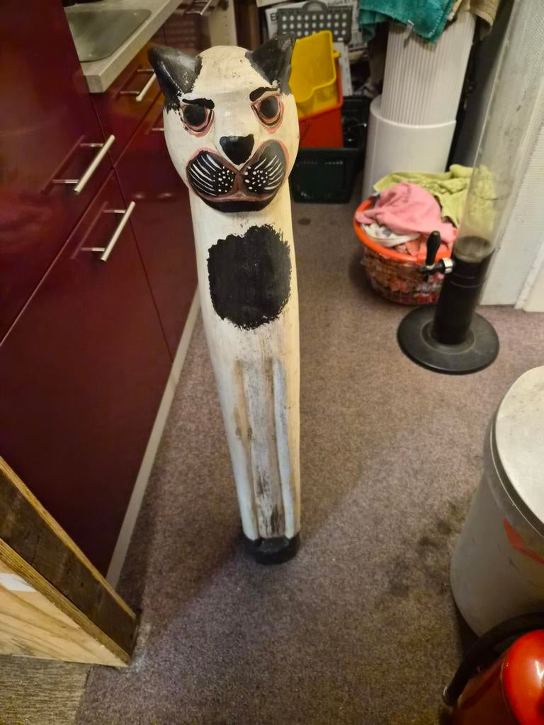 Vintage Houten kat beeld - 100cm hoog, Verzamelen, Beelden en Beeldjes, Ophalen of Verzenden, Gebruikt, Dier