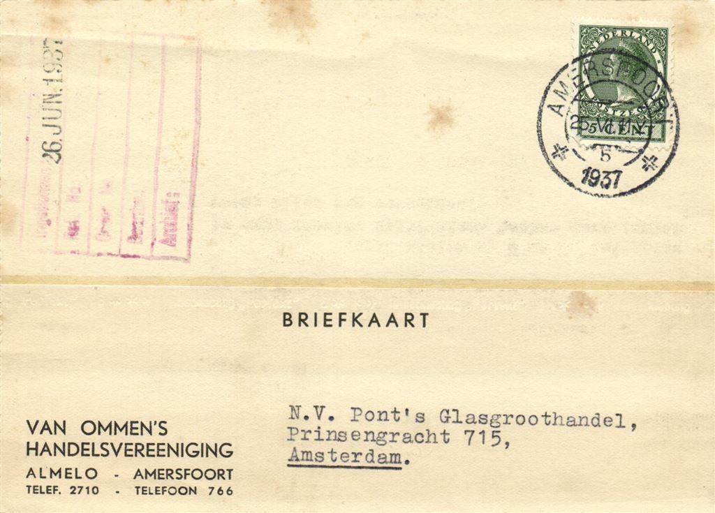 Van Ommen Handelsvereeniging, Almelo Amersfoort - 06.1937 -, Postzegels en Munten, Ophalen of Verzenden, Briefkaart