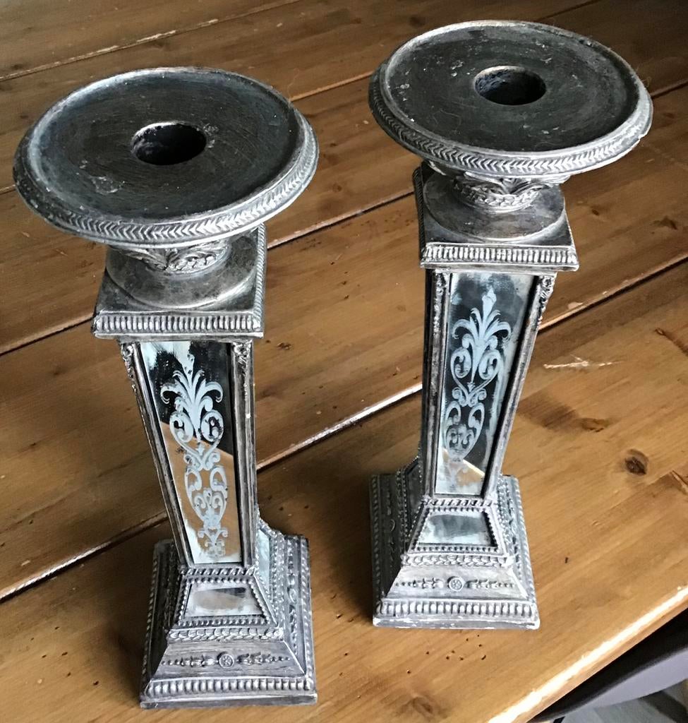 2 UNIEKE OUDE SPIEGELKANDELAARS MET KAARS, Ophalen of Verzenden, Gebruikt, Kandelaar, 25 tot 50 cm