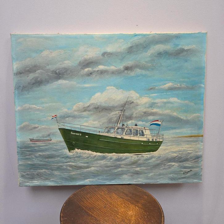 Maritiem schilderij van een motorjacht op zee J.Pijlman, Antiek en Kunst, Kunst | Schilderijen | Klassiek, Ophalen of Verzenden