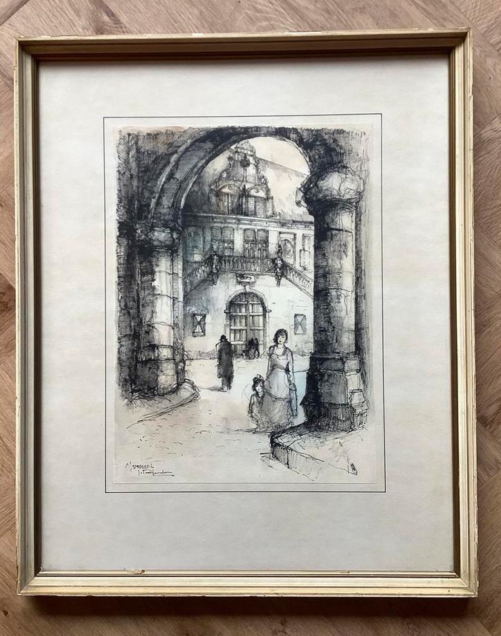 Druk gezien vanuit het Stevenspoortje naar de Waag Nijmegen, Antiek en Kunst, Kunst | Tekeningen en Foto's, Ophalen of Verzenden