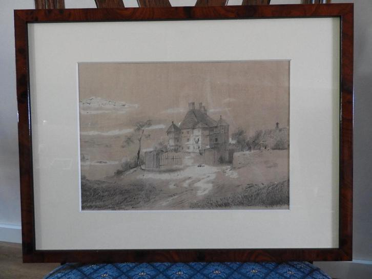 Hollandse school, 19e eeuw, gezicht op buitenplaats tekening, Antiek en Kunst, Kunst | Schilderijen | Klassiek, Ophalen of Verzenden