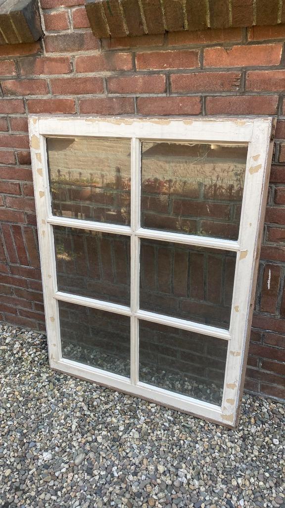 Raam 6- vlaks met oud glas roedeverdeling brocante decoratie, Antiek en Kunst, Curiosa en Brocante, Ophalen