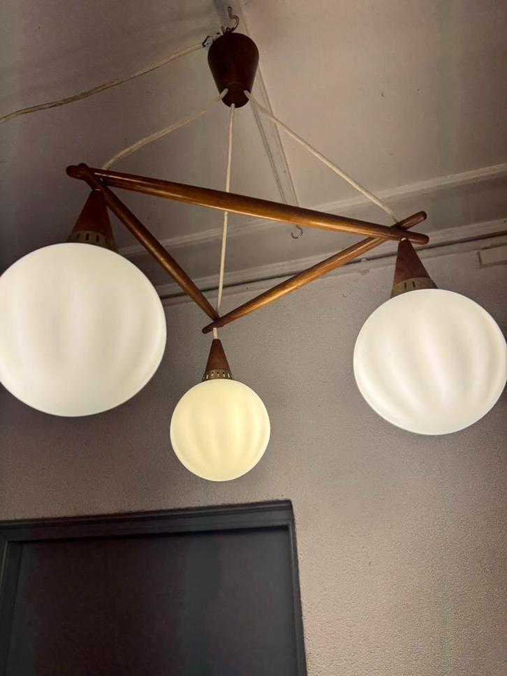 Hanglamp,fifties,sixties, deens design,Mid-Century,vintage, Huis en Inrichting, Lampen | Hanglampen, Gebruikt, 50 tot 75 cm, Glas