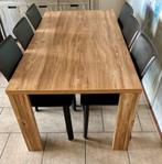 Eettafel 180 x 95 cm teak kleur met zes stoelen bruin leer, Huis en Inrichting, Ophalen, 150 tot 200 cm, Zo goed als nieuw, Vijf personen of meer