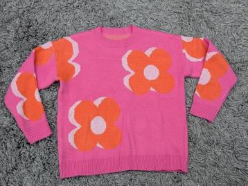 Nieuw! Superleuke gebreide trui met bloemen in roze oranje! beschikbaar voor biedingen