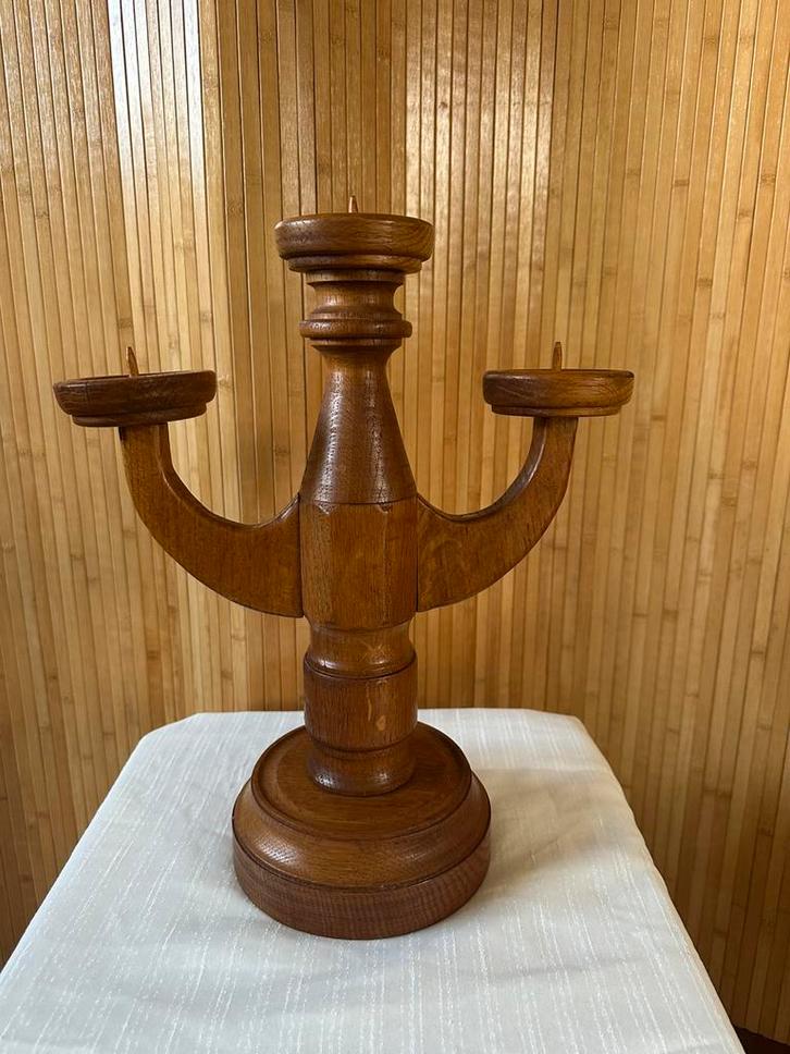 Vintage massief eiken driepoot kandelaar, Antiek en Kunst, Antiek | Kandelaars, Overige materialen, Ophalen of Verzenden