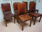 Set van 6 antieke eiken art deco eetkamerstoelen, bruin leer, Ophalen