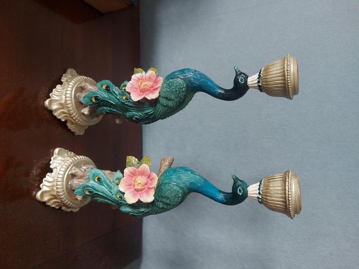 2 Pauwenkandelaars handgemaakt en geschilderd, Huis en Inrichting, Woonaccessoires | Kandelaars en Kaarsen, Nieuw, Kandelaar, 25 tot 50 cm