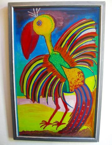 Fleurige vogel groot acryl schilderij  43x67 cm  beschikbaar voor biedingen