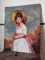 groot antiek Frans borduurwerk lief meisje vintage brocante, Ophalen