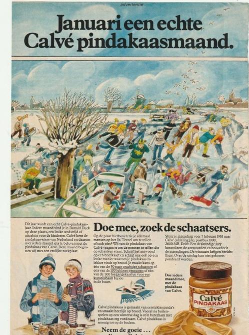 Retro reclame 1981 Calvé pindakaas januari schaatsen ijs, Verzamelen, Retro, Overige typen, Verzenden