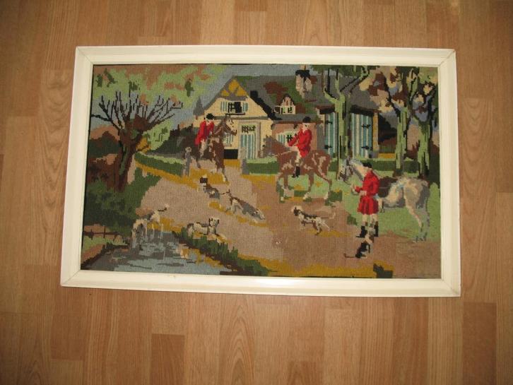 Geborduurd schilderij Jachttafereel Vintage, Huis en Inrichting, Woonaccessoires | Schilderijen, Tekeningen en Foto's, Schilderij