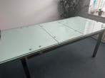 Uitschuifbare glazen eettafel rvs onderstel tafel, Huis en Inrichting, Ophalen, 50 tot 100 cm, Zo goed als nieuw, Vijf personen of meer