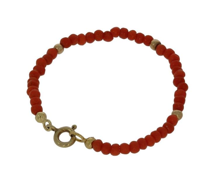 Bloedkoraal baby armband 14k gouden slot en bolletjes, Sieraden, Tassen en Uiterlijk, Antieke sieraden, Armband, Goud, Met edelsteen