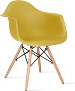 Drie okergele kunststof kuipstoelen met zitkussentjes, Ophalen, Drie, Zo goed als nieuw, Overige kleuren