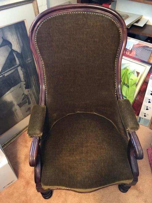 Biedemeier fauteuil, donkergroene bekleding., Antiek en Kunst, Antiek | Meubels | Stoelen en Banken, Ophalen