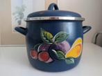 Blauwe emaille pan met fruitmotief, Ophalen of Verzenden, Gebruikt, Overige materialen, Kookpan of Snelkookpan