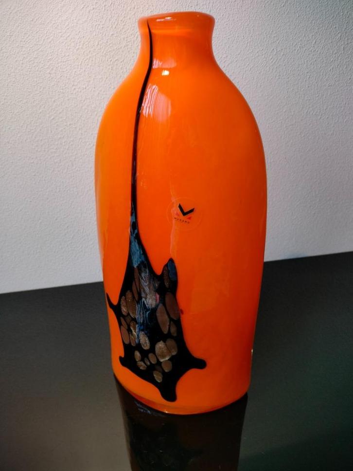Italie Murano Art Glas Vaas Oranje Zwart 1990, Antiek en Kunst, Antiek | Glas en Kristal, Ophalen of Verzenden