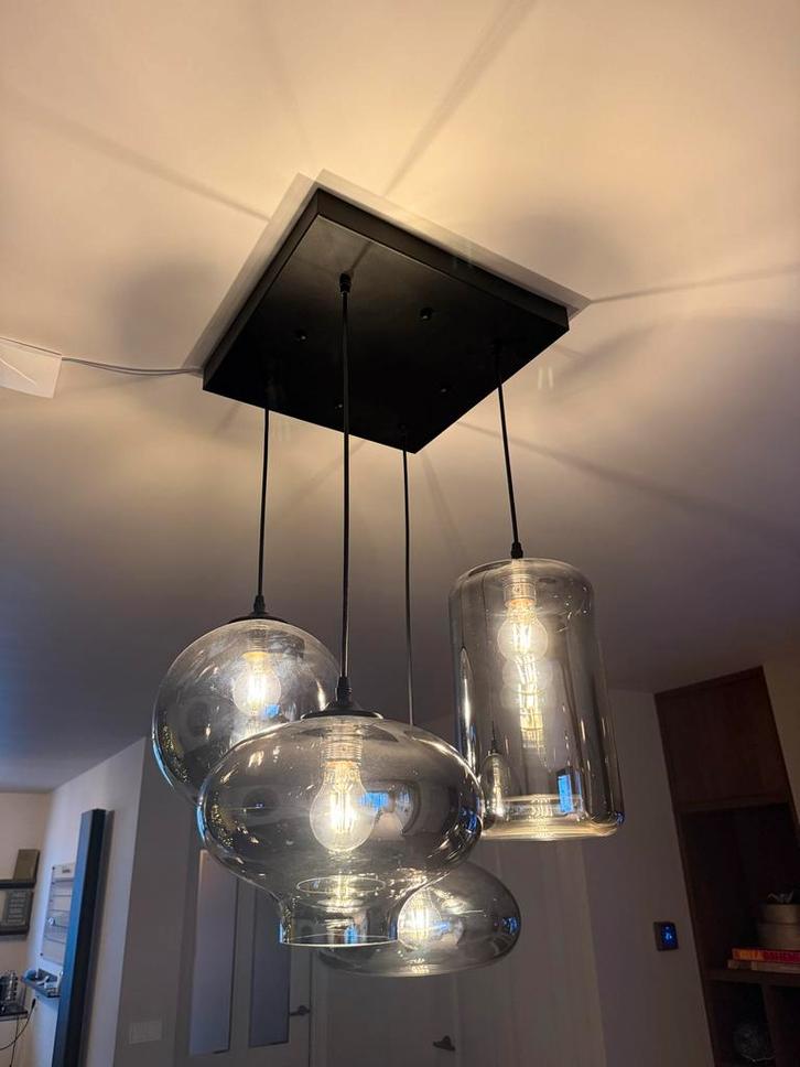 Hanglamp rookglas 4 lichts Eric Kuster stijl, Huis en Inrichting, Lampen | Hanglampen, Zo goed als nieuw, 75 cm of meer, Glas