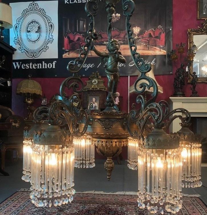 Groot Franse antiek kristallen kroonluchter brons  barok, Huis en Inrichting, Lampen | Kroonluchters, Zo goed als nieuw, Overige materialen