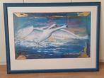 Schilderij zwanen. Blauw / goud., Ophalen