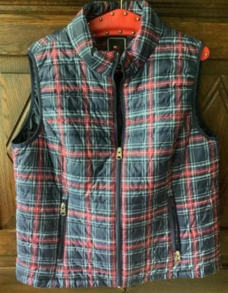 Zwart - rode geruite bodywarmer; 46; Via Cortesa, Kleding | Dames, Grote Maten, Zo goed als nieuw, Trui of Vest, Zwart, Ophalen of Verzenden