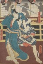 Japanse houtsnede Kunisada 2 mannetjes met een zwaard, Ophalen of Verzenden