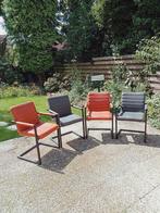 4 mooie eetkamerstoelen, antraciet en cognac, Ophalen, Gebruikt, Vier