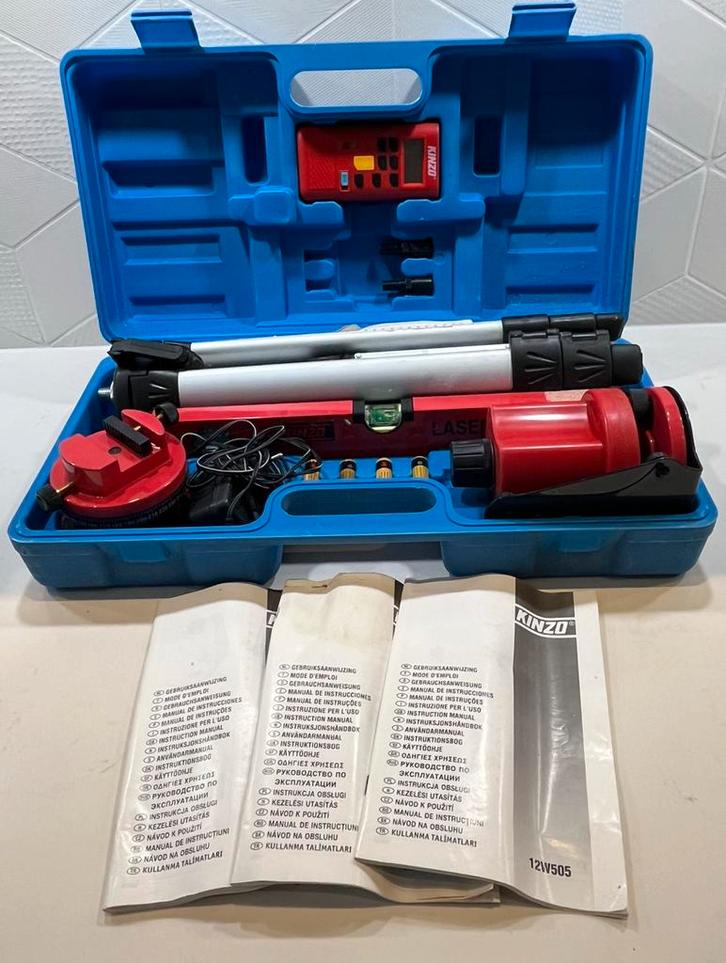 KINZO Laser Waterpas Set nooit gebruikt Compleet in Koffer, Doe-het-zelf en Verbouw, Meetapparatuur, Zo goed als nieuw, Overige meters