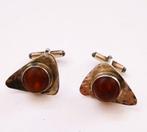 Prachtige lichtgehamerd zilveren manchetknopen met barnsteen, Ophalen, Zo goed als nieuw, Zilver