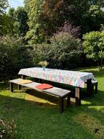 Tuintafel + banken , stoer: massief staal+ hout, Tuin en Terras, Ophalen of Verzenden, Gebruikt