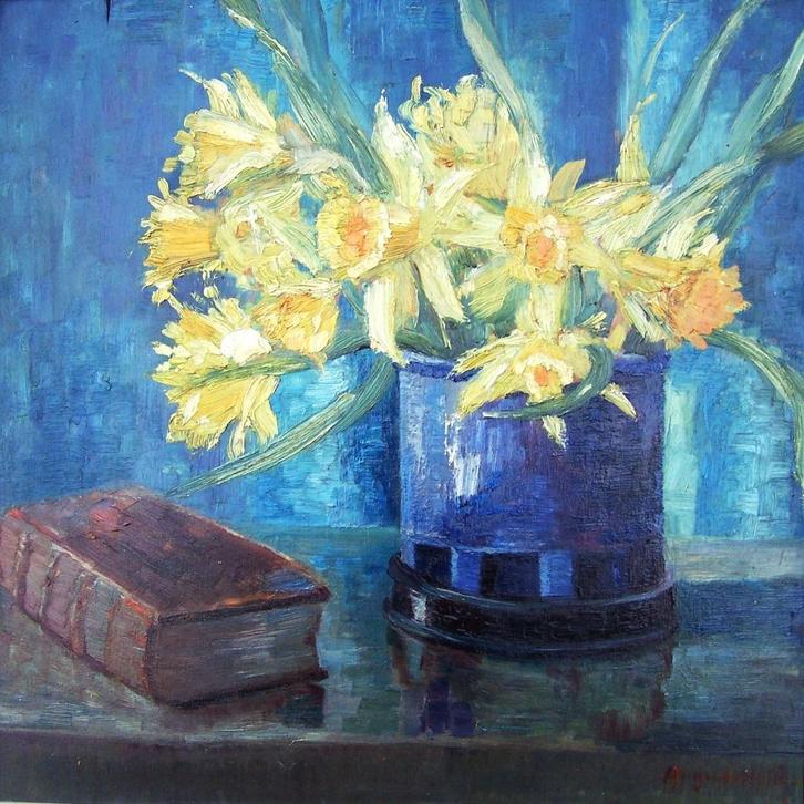 Stilleven met narcissen.Augusta Hoste, Antiek en Kunst, Kunst | Schilderijen | Klassiek, Ophalen of Verzenden