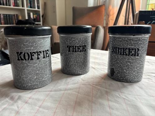 Grijs Gewolkt emaille - Koffie, thee en suiker set, Antiek en Kunst, Antiek | Emaille, Ophalen of Verzenden