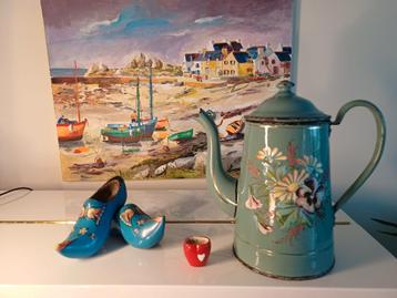 Mintgroene Franse Emaille Koffiepot met Bloemen beschikbaar voor biedingen