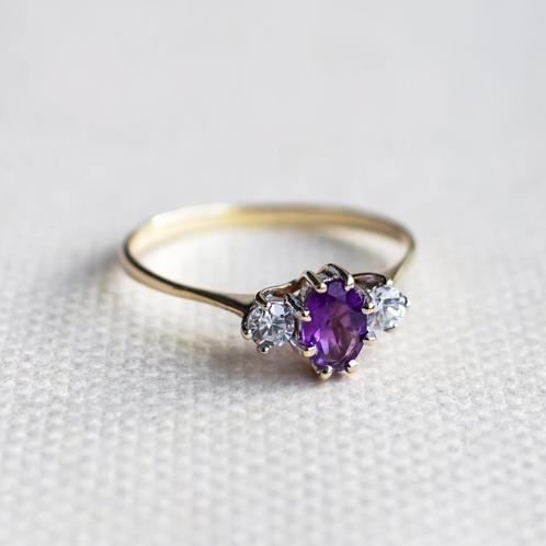 Vintage 9K gouden trilogy ring met amethist & CZ -17,75, Sieraden, Tassen en Uiterlijk, Ringen, Zo goed als nieuw, Dame, 17 tot 18