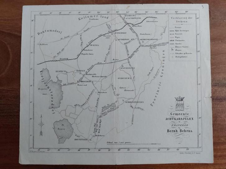 5 / gemeente Achtkarspelen Friesland Litho Behrns uit 1861, Antiek en Kunst, Kunst | Litho's en Zeefdrukken, Ophalen of Verzenden