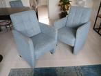 4 eetkamerstoelen op wieltjes, blauwe stof, Huis en Inrichting, Ophalen, Gebruikt, Blauw, Vier