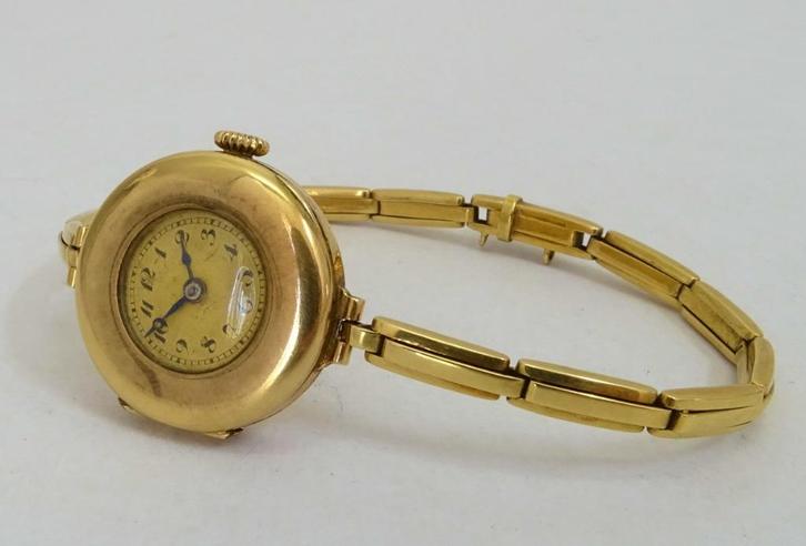 Antiek 14K goud dames armband polshorloge met schakelband, Sieraden, Tassen en Uiterlijk, Antieke sieraden, Overige typen, Goud