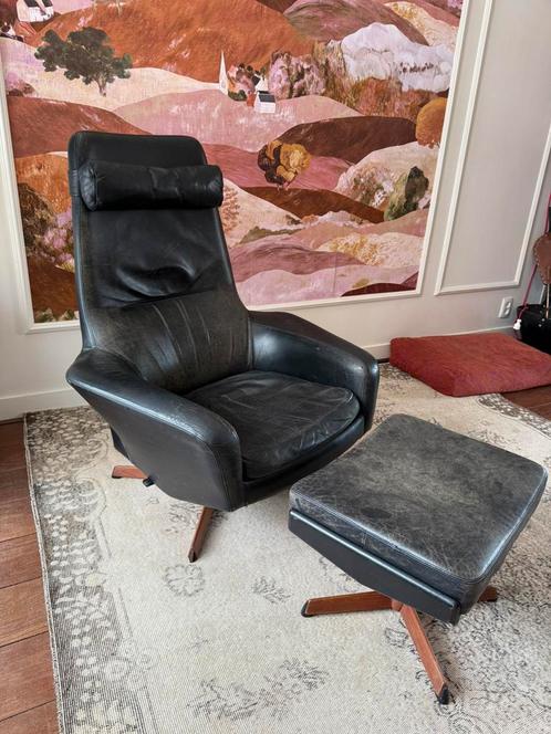 Originele vintage Bovenkamp relaxstoel met hocker – jaren 60, Huis en Inrichting, Fauteuils, Gebruikt, Leer, 75 tot 100 cm, 75 tot 100 cm