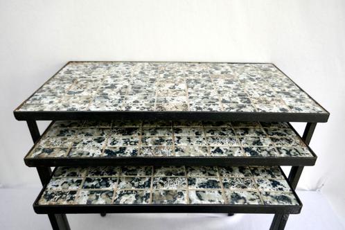 mini set - 3 tafeltjes - metaal frame met keramiek mozaïek, Huis en Inrichting, Tafels | Bijzettafels, Gebruikt, Rechthoekig, Minder dan 45 cm