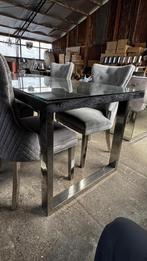 Moderne glazen eettafel met metalen frame, Ophalen, 100 tot 150 cm, 150 tot 200 cm, Vier personen