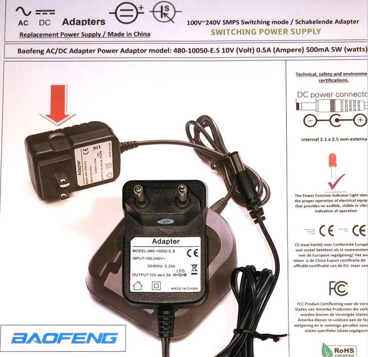 Baofeng Power Adapter 480-10050-E.S 10V 0.5A 5W Lader CH-5, Audio, Tv en Foto, Opladers, Zo goed als nieuw, Ophalen of Verzenden