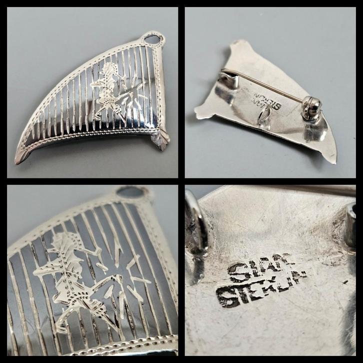 Zilver, sterling zilveren Siam niello broche / hanger, Sieraden, Tassen en Uiterlijk, Antieke sieraden, Broche, Zilver, Ophalen of Verzenden