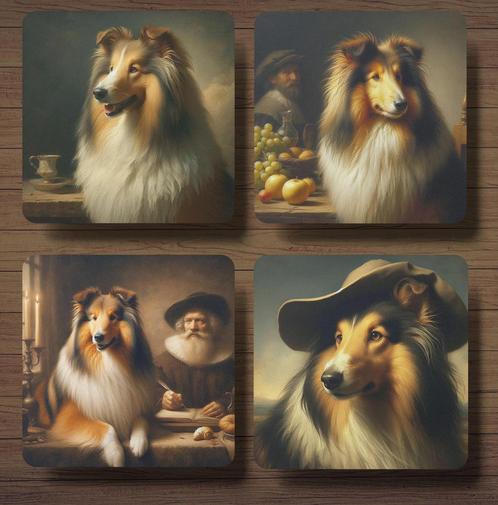 Collie Rembrandt stijl onderzetters met houder, Huis en Inrichting, Woonaccessoires | Onderzetters, Nieuw, Glas of Kopje, Ophalen of Verzenden