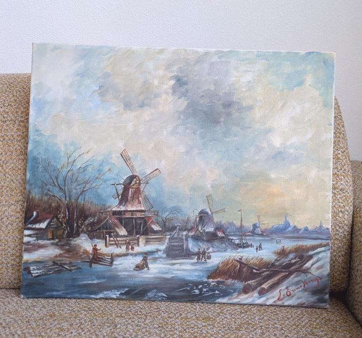 Schilderij - Prachtig Hollands winter tafereel - Kinderdijk, Antiek en Kunst, Kunst | Schilderijen | Klassiek, Ophalen