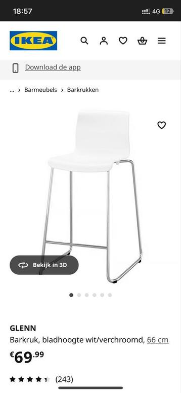 2x Ikea Glenn Barkruk Wit/Verchroomd 66cm beschikbaar voor biedingen