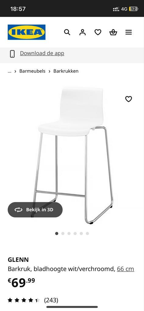 2x Ikea Glenn Barkruk Wit/Verchroomd 66cm, Huis en Inrichting, Barkrukken, Gebruikt, 60 tot 90 cm, Kunststof, 1 kruk, Met voetsteun