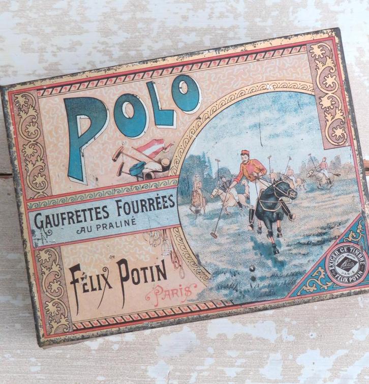 Antiek koekjesblik Félix Potin Paris “Polo” 1905/1920, Antiek en Kunst, Curiosa en Brocante, Ophalen of Verzenden