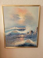 romantisch olieverf schilderij zee avondrood gesigneerd zon, Ophalen of Verzenden